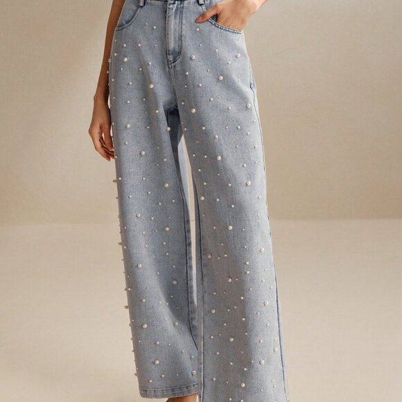 Teal Blue Casual Women's Pearl Decorated Denim Straight-Leg Pants - Picture 6 of 6